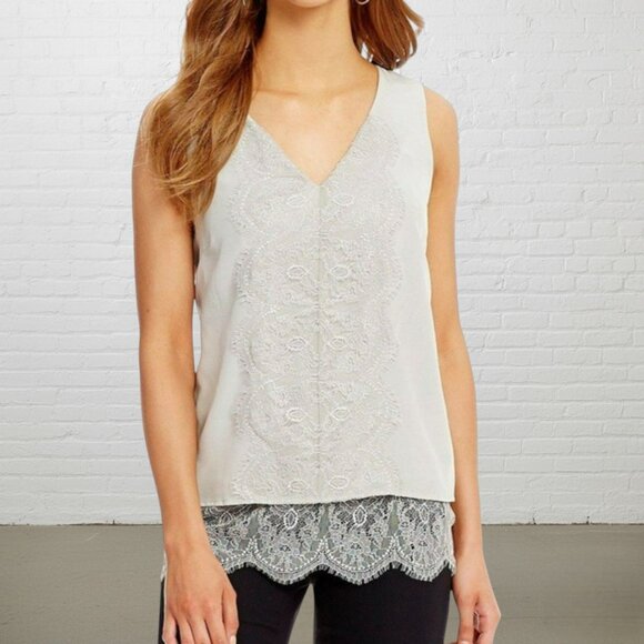 Antonio Melani Silk Top M Grey Lace Trim Sleeveless V-Neck Layered Blouse - Picture 1 of 11